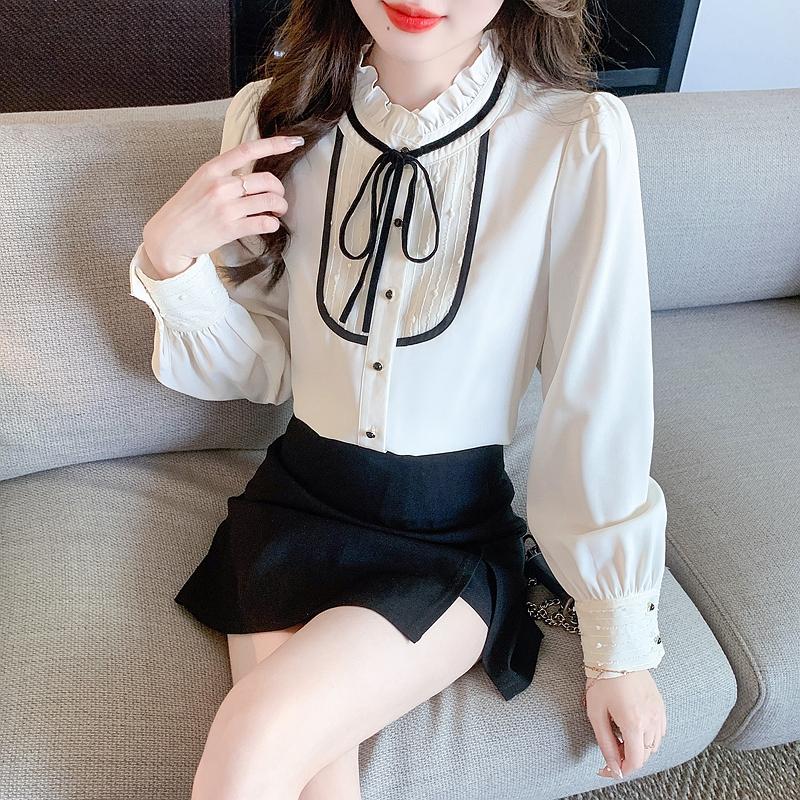 New 2024 Fashion Autumn Long Sleeve Casual Lace Up Ruffled Collar Blouse Shirt Women Tops Blouses Shirts J449