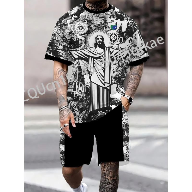 Summer  Brazilian Special Edition Jesus Football Jersey Summer Football Training T-shirt+Shorts Men and Women Set Sports