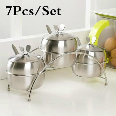 7 Pz/Set Forniture da Cucina Forma di Mela Acciaio Inossidabile Condimentiera Contenitore per Spezie Zuccheriera Saliera Barattoli di Servizio Ciotole Cucchiai