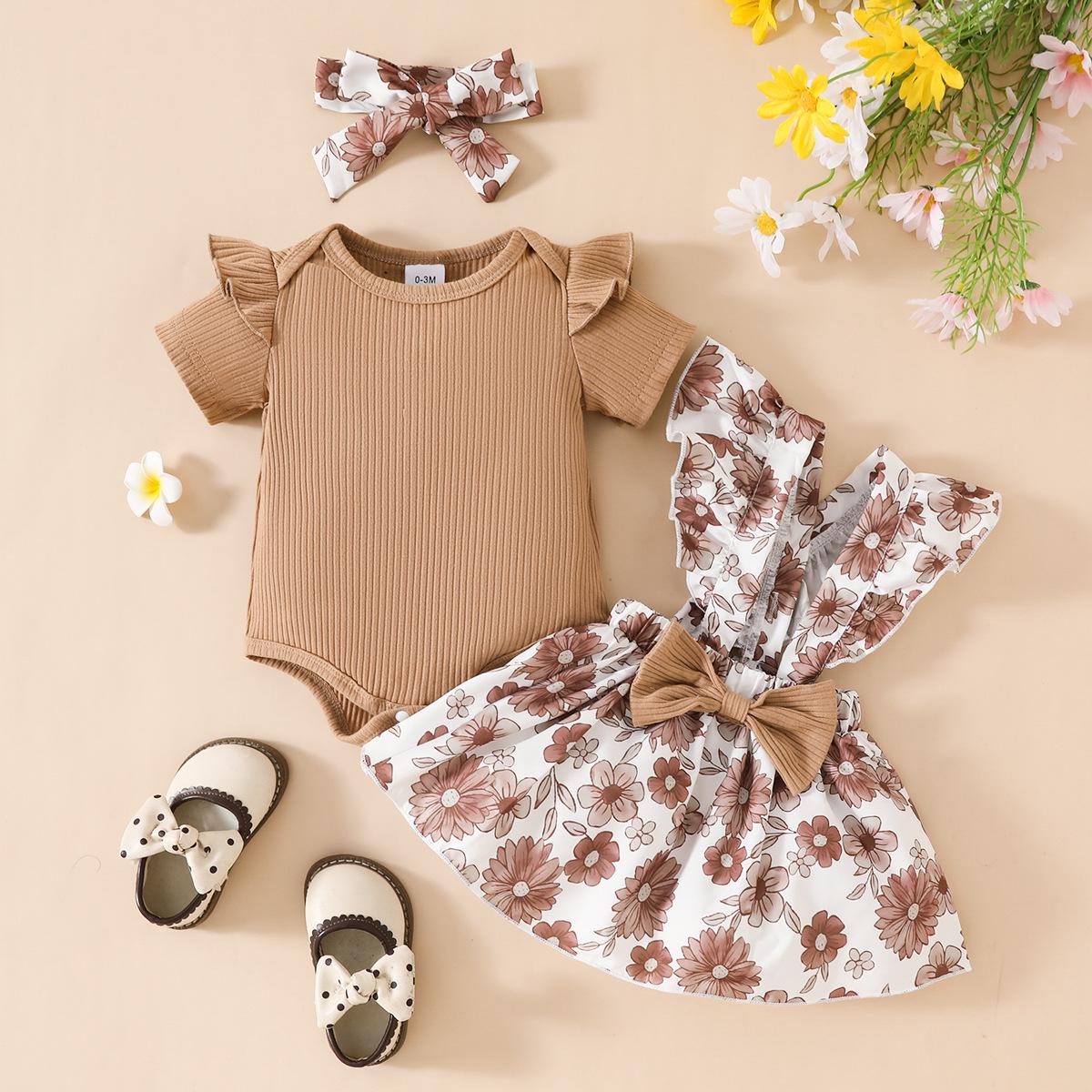 Детский цветочный комбинезон с оборками и ромпер с повязкой на голову - Набор из 3 предметов 0-3 Months