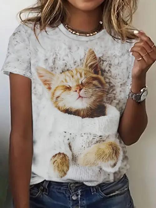 Cartoon Cat T-Shirts Cute Kitten Animal 3D Print Women's Short Sleeve Round Neck T Shirt Tees Harajuku Y2K Tops Female Clothing