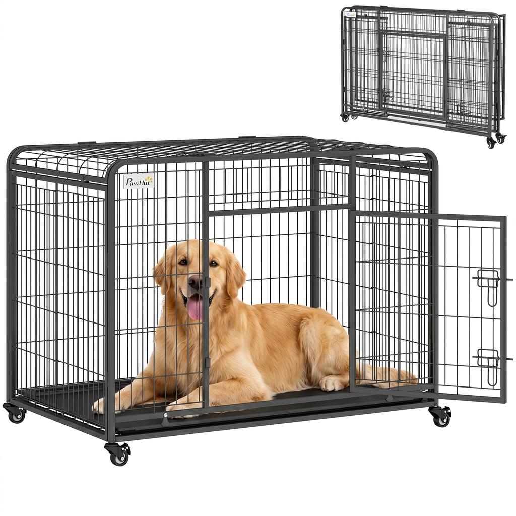 Folding Dog Kennel with Double Door and Lock, Dog Playpen with 4 Wheels with Brakes and Removable Bottom, 109.5x71x78cm, Dark Grey