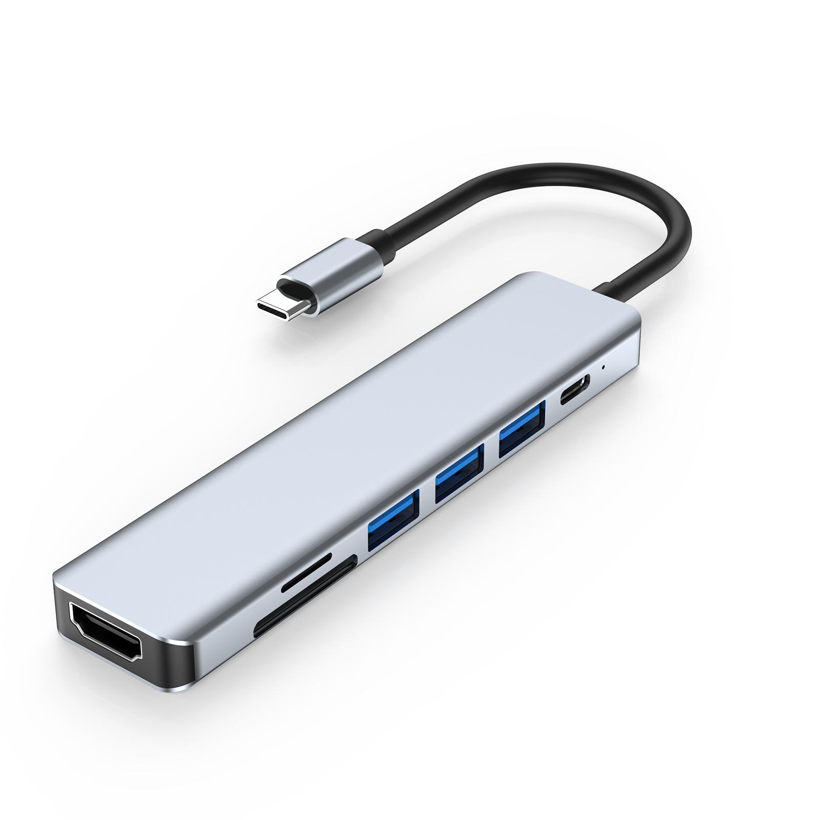 7 in 1 Aluminum Alloy Type-C Hub Usb-c to HD 4K 30HZ HD Converter PD Fast Charging Sd/tf Card Reader USB3.0 Hub for Macbook IPad