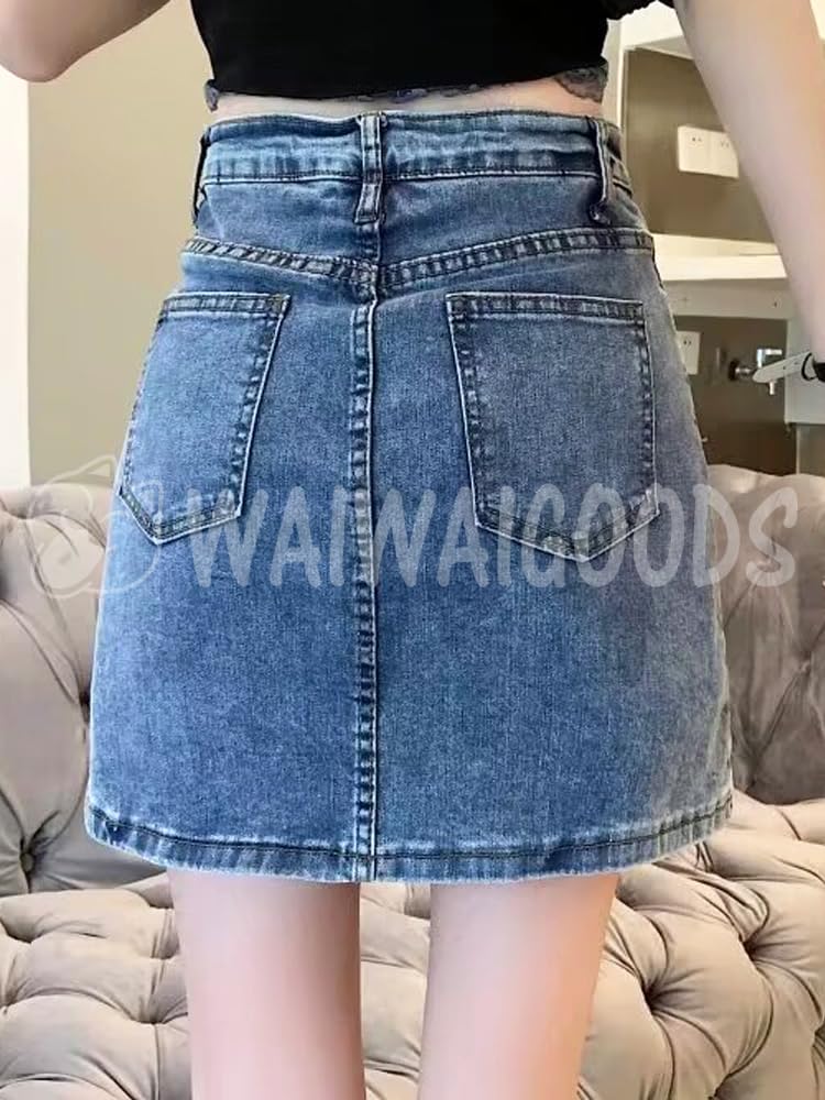 Denim Mini Skirt with Inner Simple Casual [Waiwai Goods] Built-in Lining, A-line, Style, Women's (XL, Blue)
