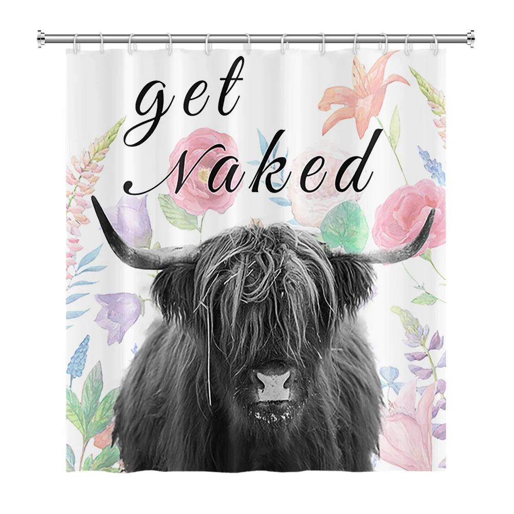 Farmhouse Highland Cow Shower Curtain With Hooks Funny Bull Cattle Bull Floral Decor Country Style Bothroom Curtain
