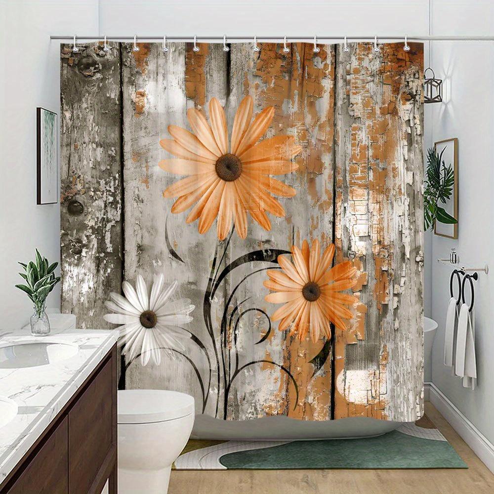 Orange Daisies Shower Curtain - Weathered Wood Background, Vintage Floral Style, Polyester, Machine Washable