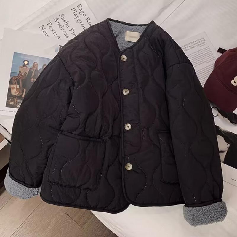 Lammwolle Baumwollgepolsterte Steppmäntel Damen Wollfutter Warme Rautensteppjacke Leichtgewichtige Einreihige Winterkurzmäntel