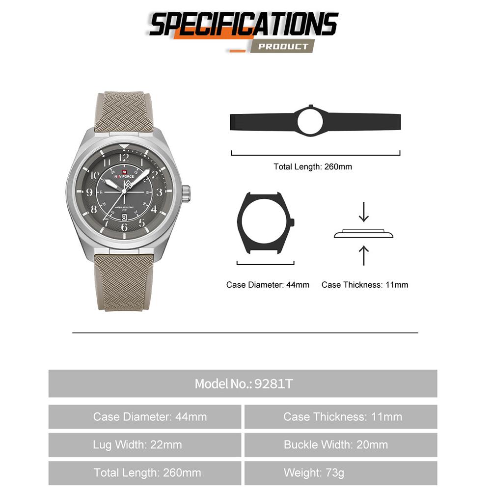 Naviforce Original Men Quartz Watch Lightweight Slicone Strap Calendar Waterproof 3ATM Round Watchcase Casual Fashion Men Watch NF9281T