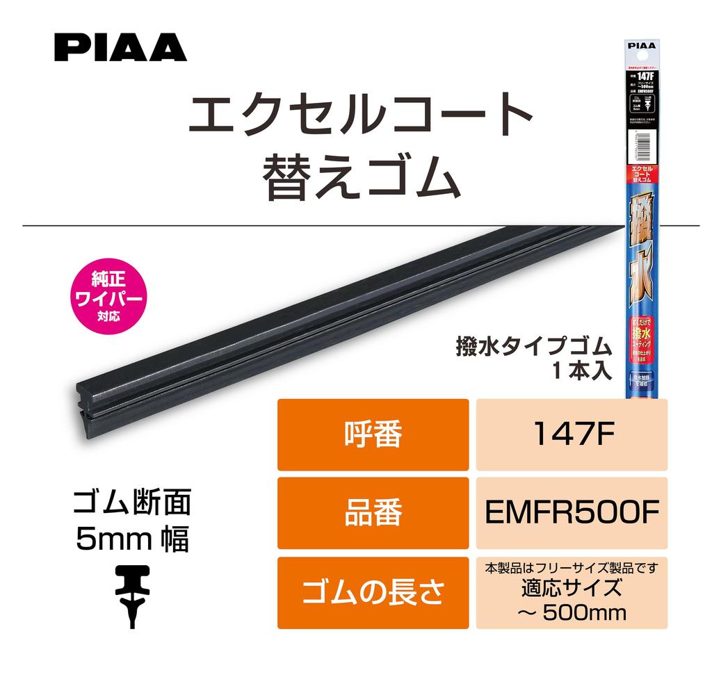 PIAA Wiper Blade Replacement One Size Fits Most To Excel Coated Silicone 1 Part Number 147F EMFR500F Rubber, (Up 500mm), Coat, Water-Repellent Rubber,