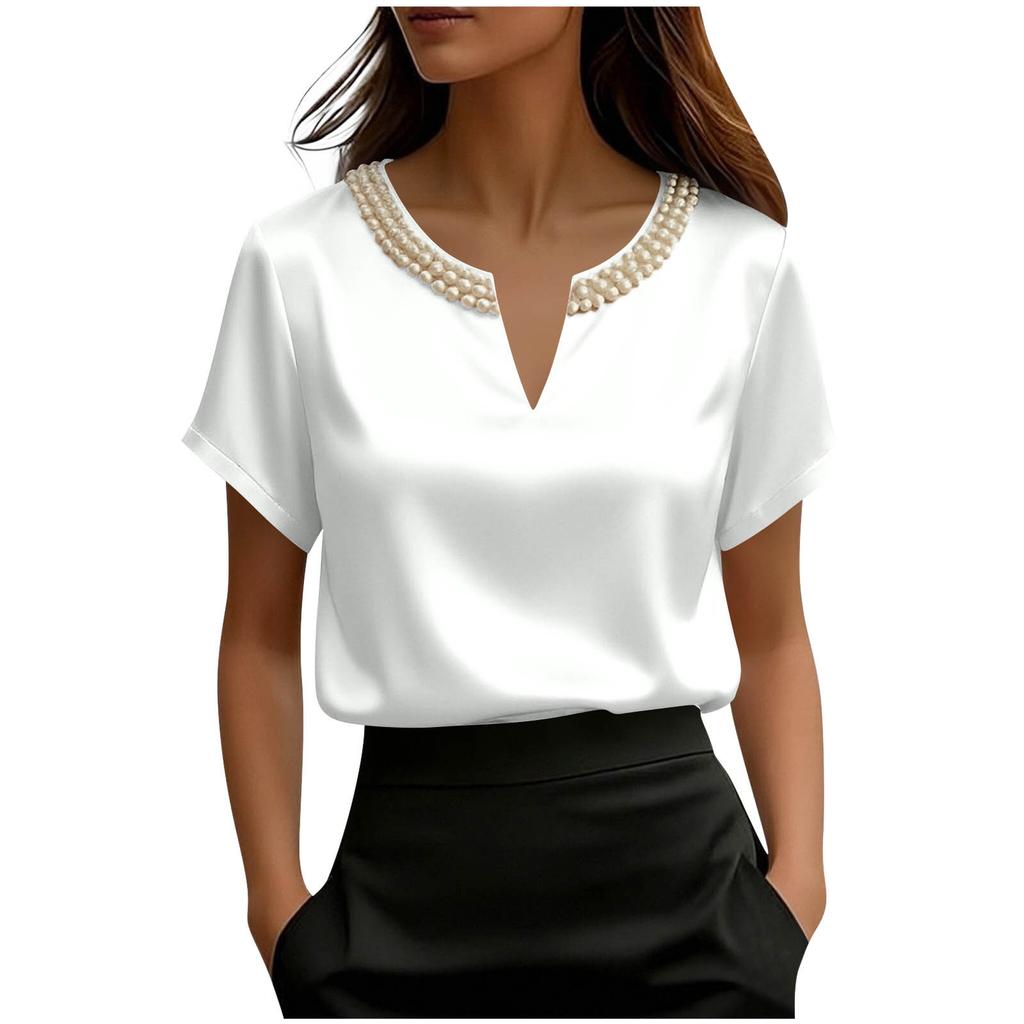 Top da Donna alla Moda a Vestibilità Larga Francese Raso Raso Collo di Perle Manica Corta
