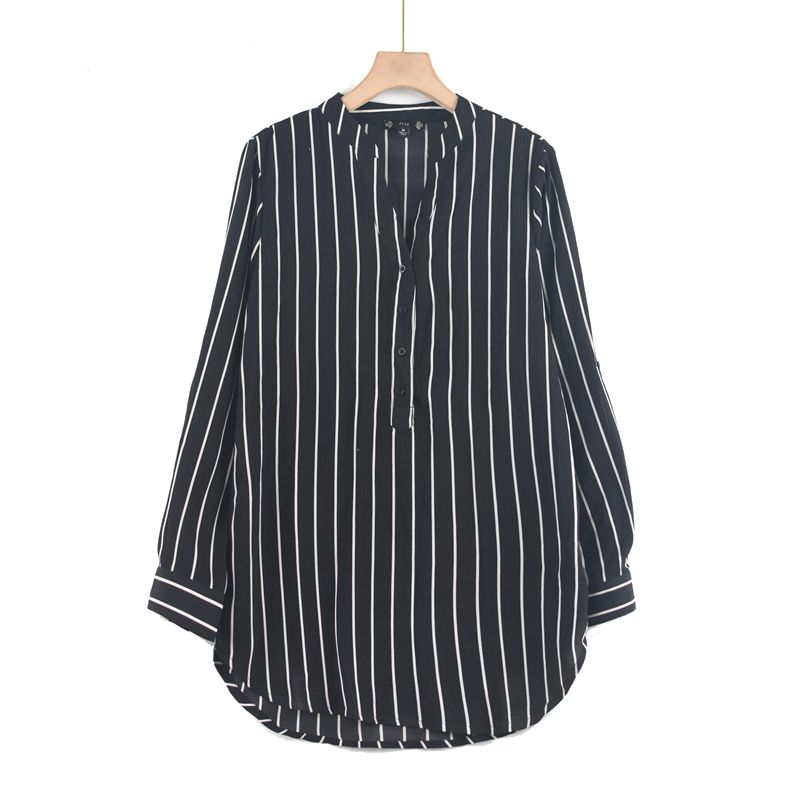 

Rolled Sleeves Non-Ironing Striped Loose Button Shirt Pullover Black S