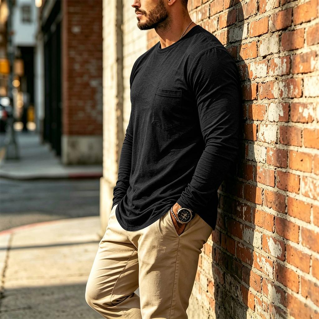 Men's Casual Long Sleeve Round Neck T-Shirt with Pocket for Everyday Wear