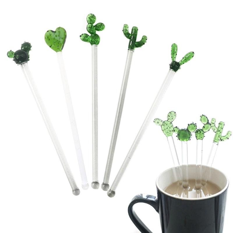 Cactus Glass Stirring Bar Coffee Stir Sticks Glass Reusable Drink Stir Stirrers for Chocolate Valentines Day Bar Party