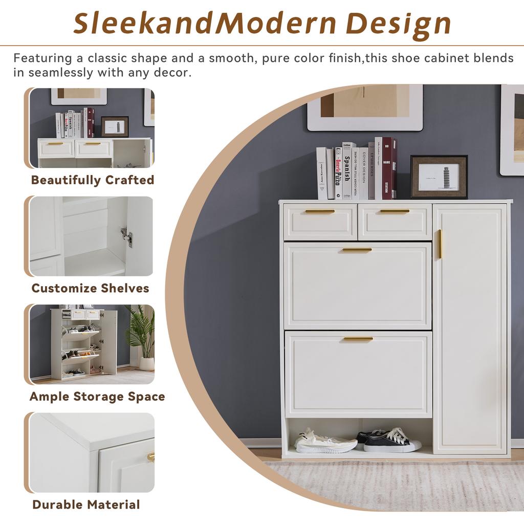 Modern Shoe Cabinet, with Adjustable Shelves, Gold Handles, Drawers, Flip-Down Shoe Cabinet and Doors, White, W95/D24/H107.5