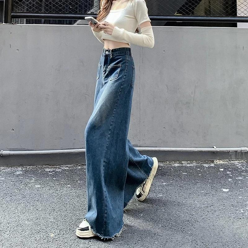 Woman High Waist Vintage Designer Wide Leg Jeans Female Gothic Loose Straight Leg Pants Girls Blue Light Blue Denim Trousers