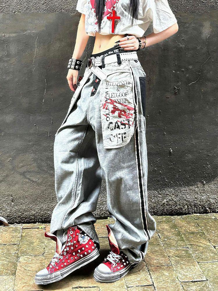 American Retro Street Style Women's Summer Jeans with Inside-Out Design and Large Pockets