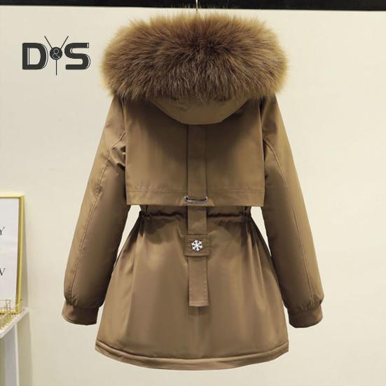 Winter Women Jacket Furry Hood Thickened Plush Long Sleeves Elastic Waist Pockets Zipper Closure Coat Mid Length Windproof Warm Overcoat