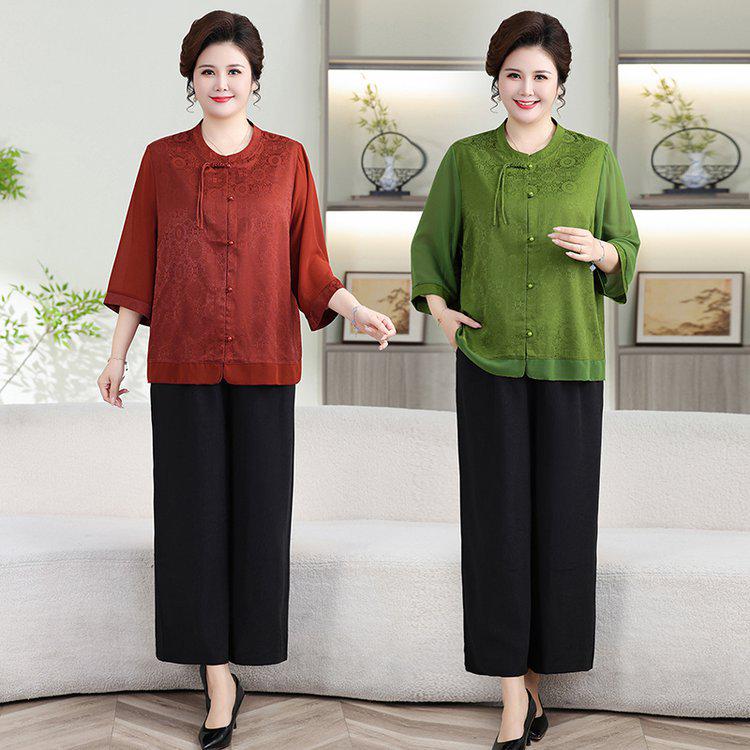 Chinese Style Plus Size Summer Set: 7-Sleeve Top & Wide-Leg Pants for Middle-Aged and Elderly Women