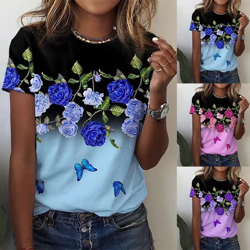 Dámské tričko 3d Flower Graphic Tričko Korejská móda Krátké rukávy Výstřih do O Oblečení Volný čas Košile Harajuku Letní topy