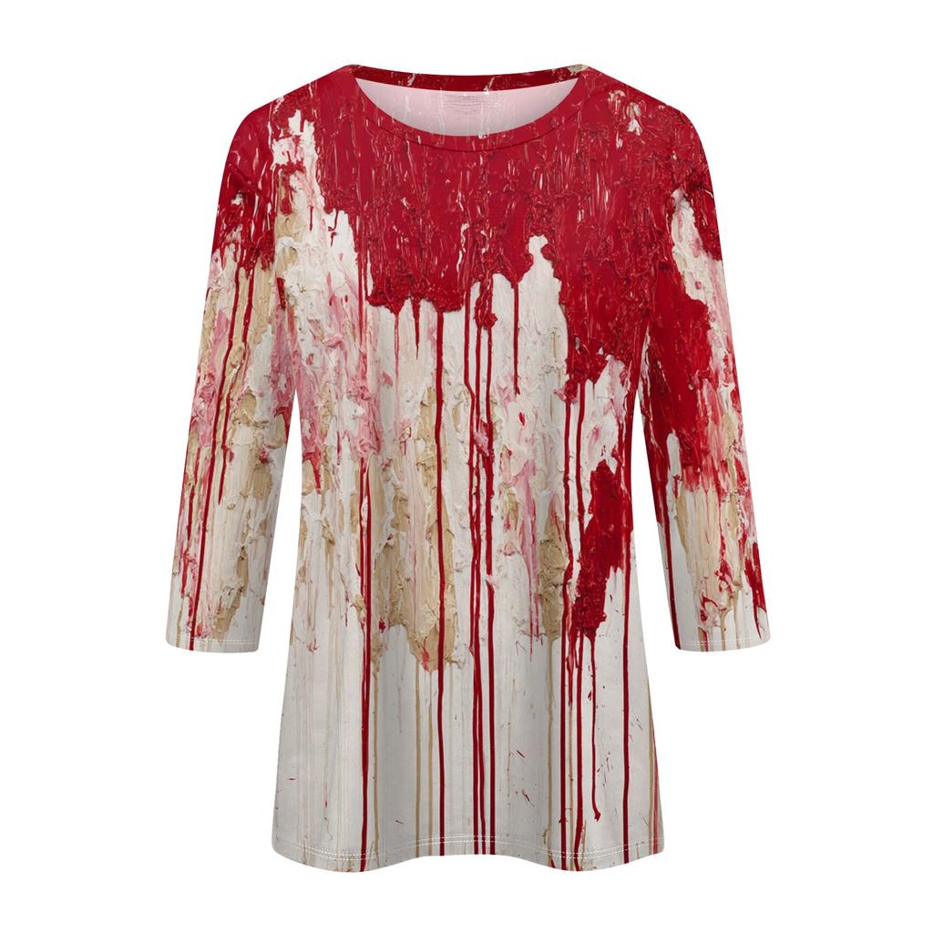Women's Fashion Casual Round Neck 3/4 Sleeve Loose  Printed T-Shirt Ladies Top