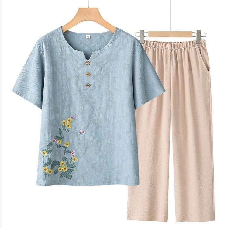 Elderly Women's Summer 2026 Short Sleeve Loose T-Shirt Two-Piece Set