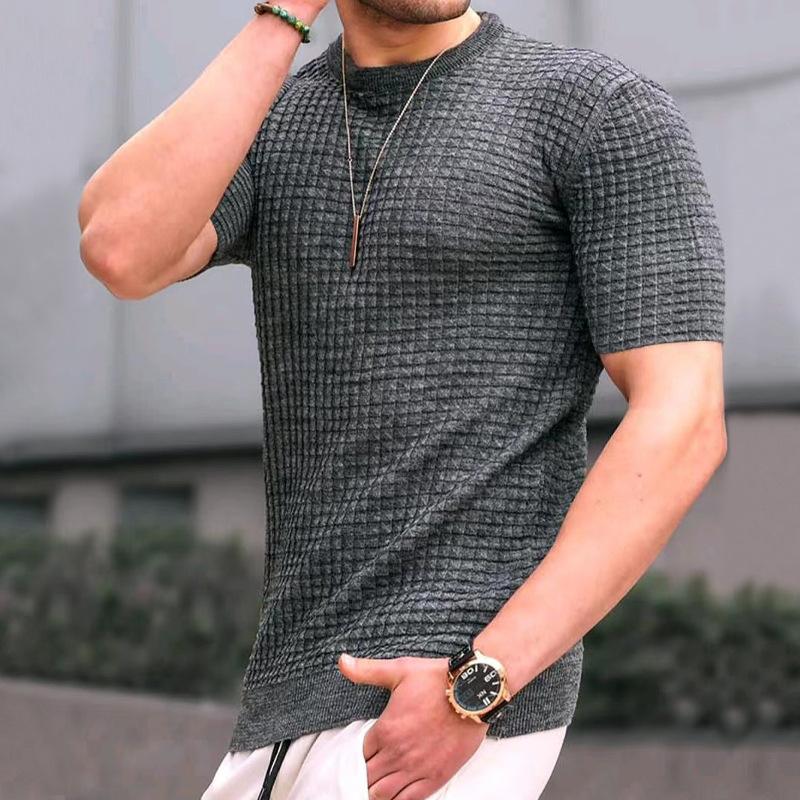 Spring Summer Men's Small Plaid T-shirt Solid Round Neck Short Sleeve Man Top