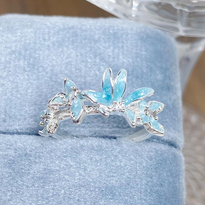 

[Синяя тень бабочки] Прохладное ощущение Морской синий Эмаль Капающее масло Цветок Раскрывающийся Кольцо Нишевое Высококлассное Ощущение Кольцо для многослойного ношения Adjustable opening