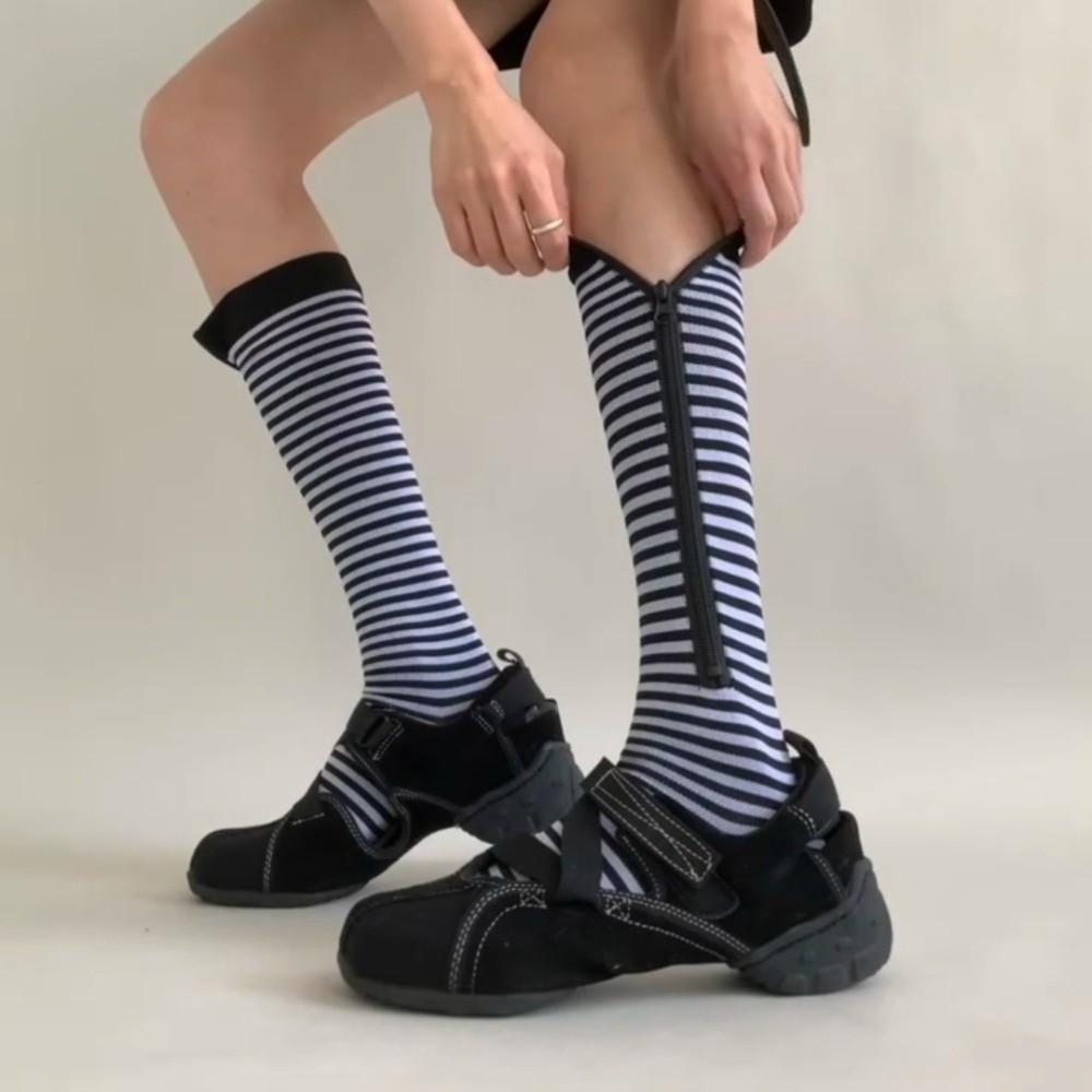 Retro Stripe Pressure Socks Soft Elastic Compress Zipper Socks Sweat-Absorbing Breathable Cycling Sports Socks Outdoor Exercise