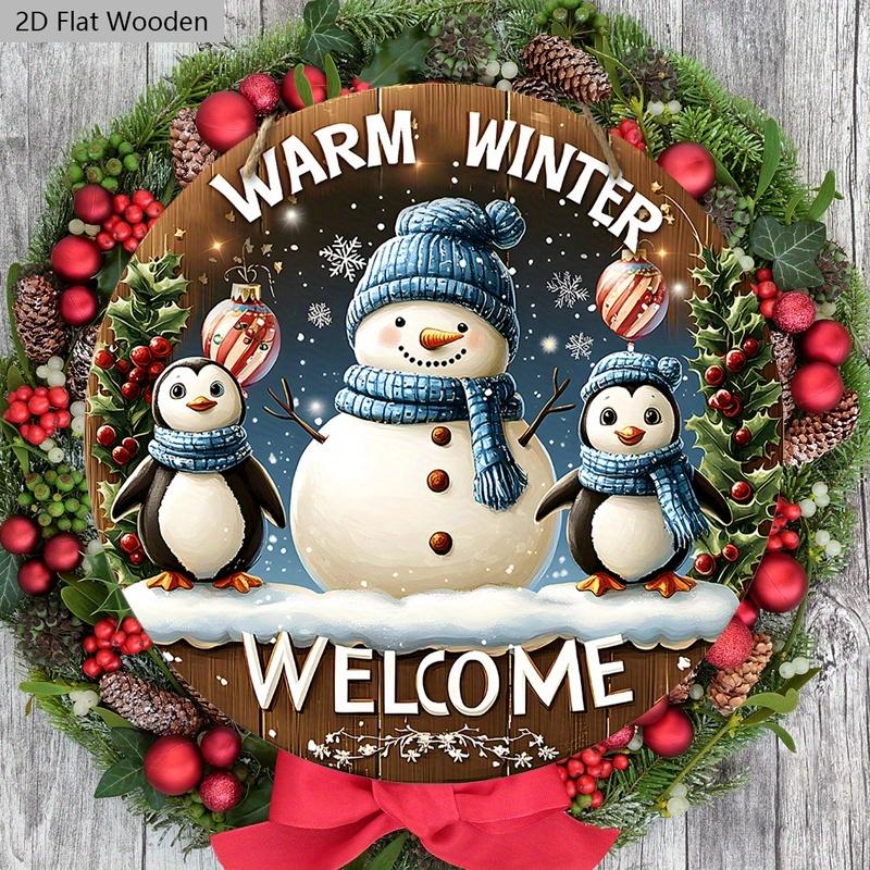 Cute Winter Wonderland Wooden Christmas Sign with Snowman & Penguin Pattern - Navidad Sign for Front Door Wall Hanging Decor - Ideal Christmas Gift