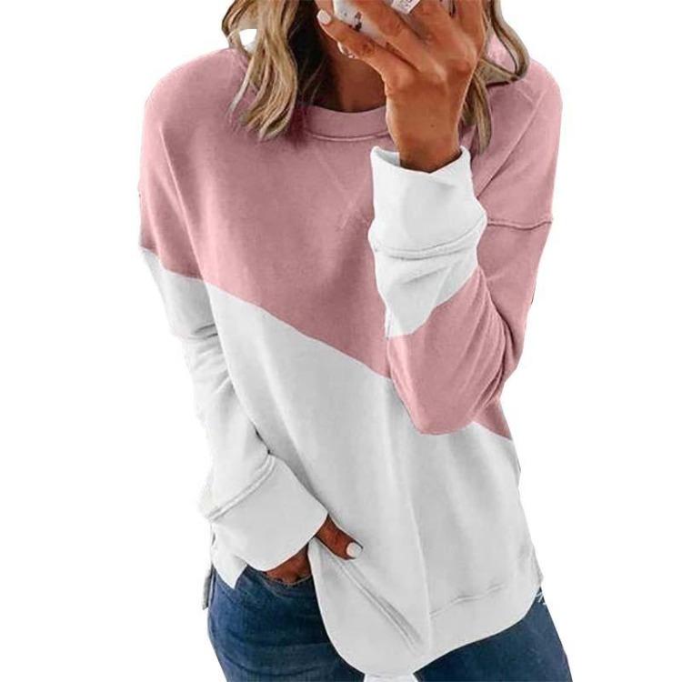 Sweater Top with Casual Loose Long Sleeve Round Neck Contrast Color