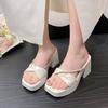 Thick Heel Square Head One-pedal Sandals Summer New One-word with Fine Diamond Beach Shoes Women's High-heeled Slippers