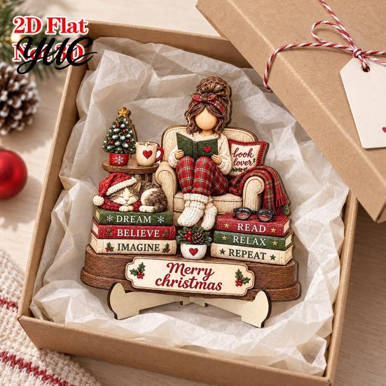 Christmas Shelf Decor Book Lover Gifts for Women, Just A Girl Who Loves Wooden Plaque, Holiday Ornaments 2D Flat Reading Block Sign with Stand
