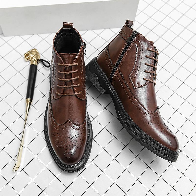 High-top lace-up pointed-toed men's leather boots retro personalized polishing casual small leather shoes black fashion trend Martin boots