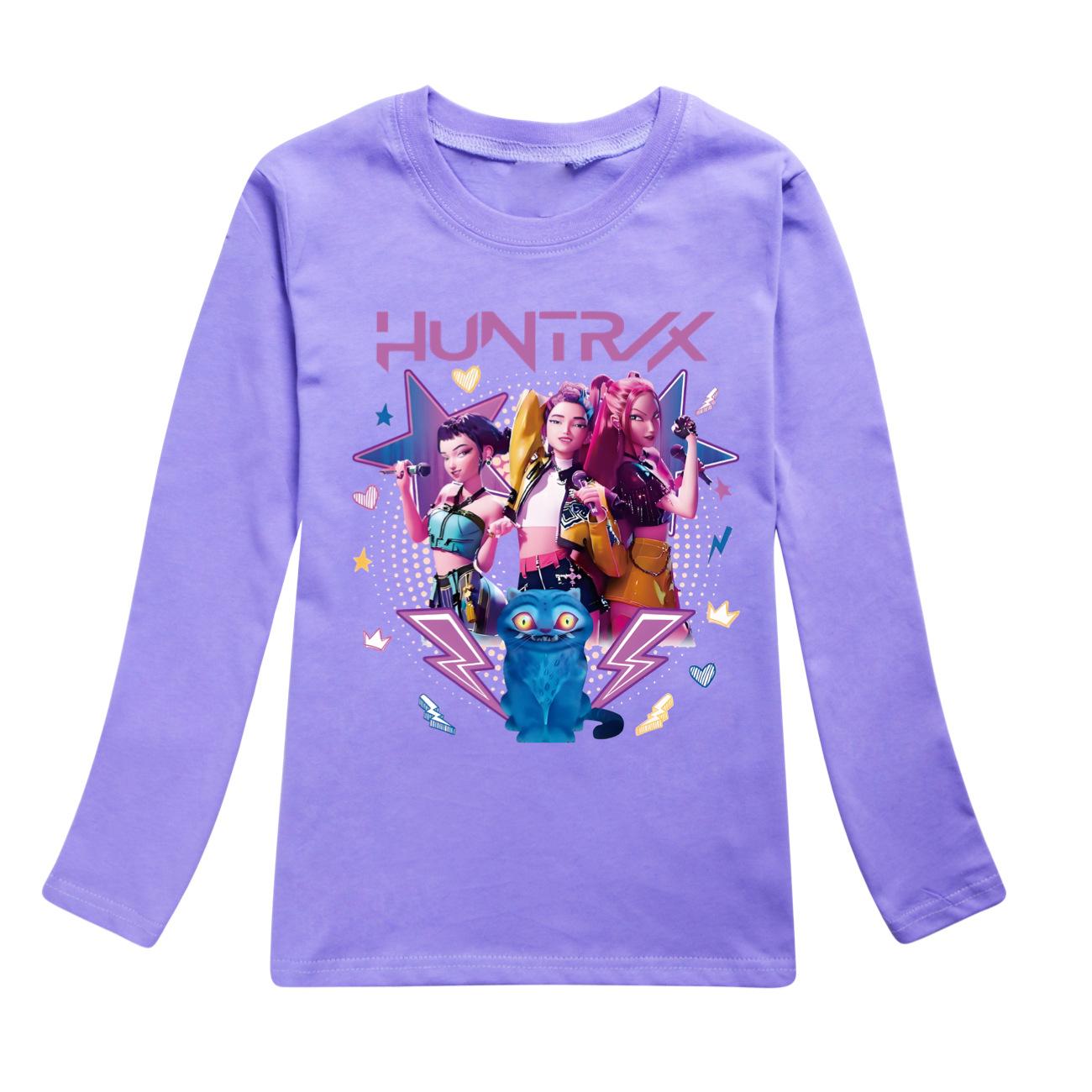 Kpop Hexenjagd Jungen Mädchen Bequem Weich Niedlicher Stil Bedrucktes Baumwoll Langarm Alltags T-Shirt 120 violett