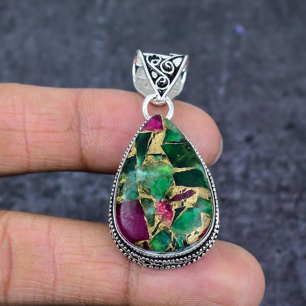 Natural Copper Ruby Zosite 925 Sterling Silver Jewelry Pendant 1.97" ET-4789