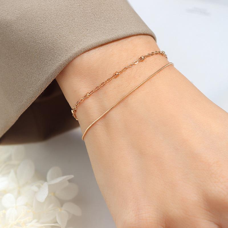 Delicate Double-layer Snake Bone Chain and Exquisite Beaded Bracelet 18K Gold Plated Stainless Steel