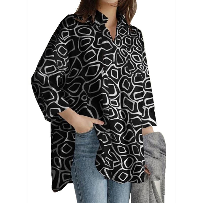 Women Geometric Print Button Down Shirt Loose Long Sleeve Casual Blouse