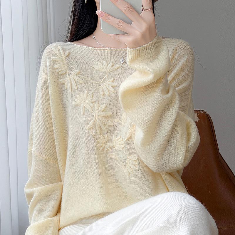 Damen 100% Wolle Handbestickter Lockerer Rundhals-Oversize-Pullover-Top für den Winter