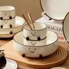 Ceramic Rice Bowl with Underglaze Cocoa Bean Smiley Face and Plate Set