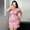 Plus Size Women Sexy Floral Printed Strapless High Waist Bodycon Mini Dress