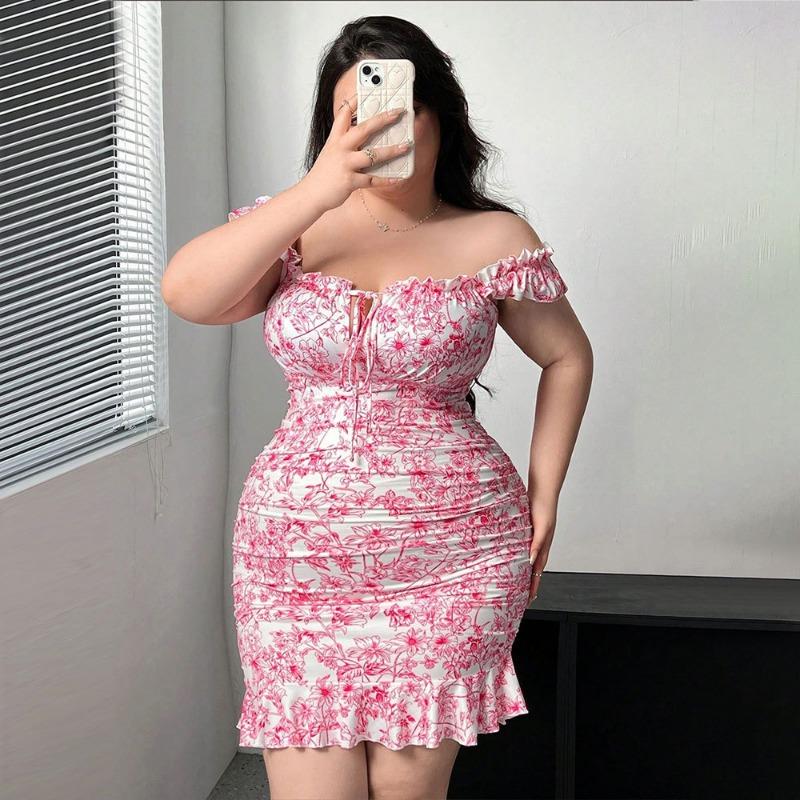 Plus Size Women Sexy Floral Printed Strapless High Waist Bodycon Mini Dress
