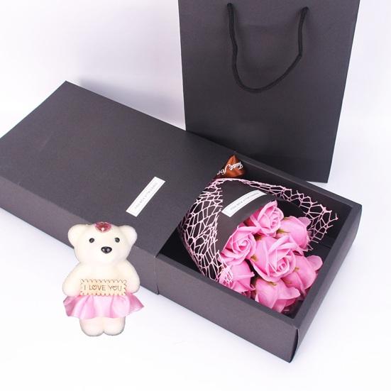 Valentine's Day Flower Bouquet with Bear And Gift Box 7 Scented Soap Flowers Artificial Rose Carnation Bouquet for