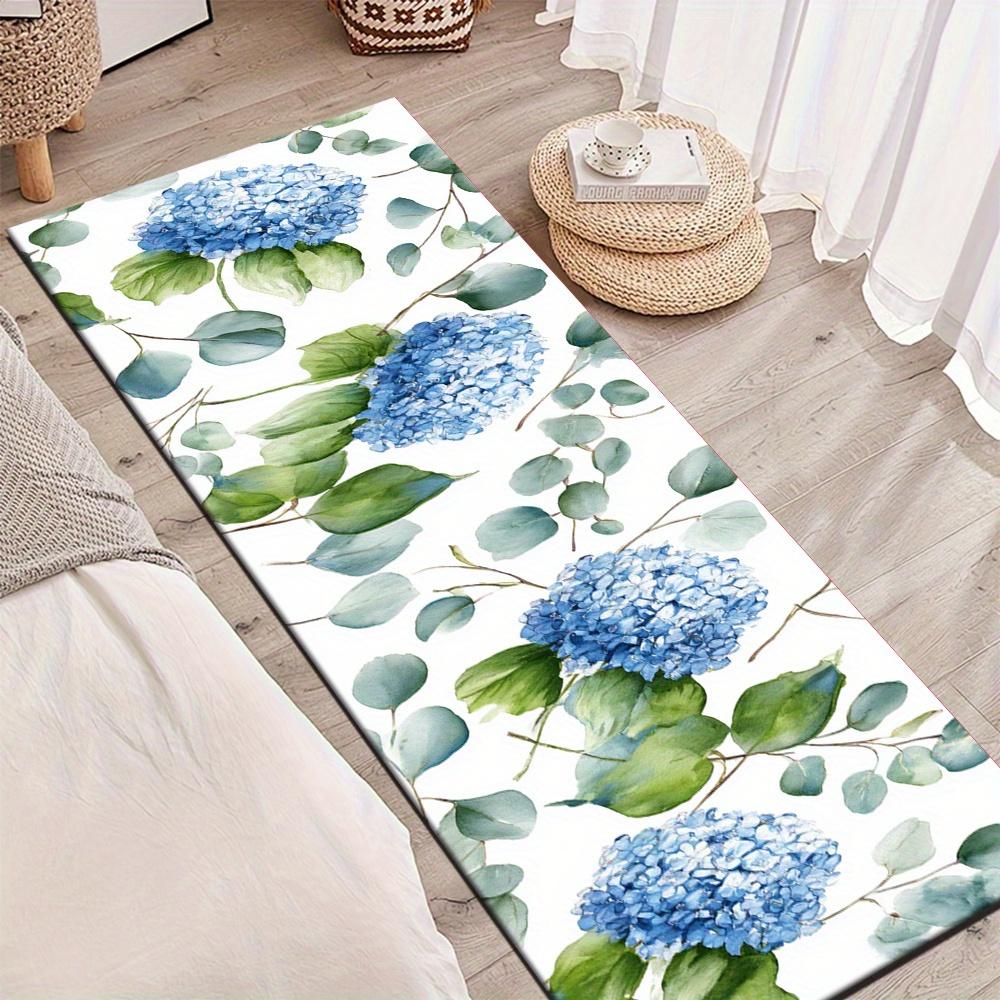 1Pcs Rustic Style Blue Hydrangea Green Leaves Non-Slip Washable Area Rug Runner for Entryway, Living Room, Bedroom & Patio