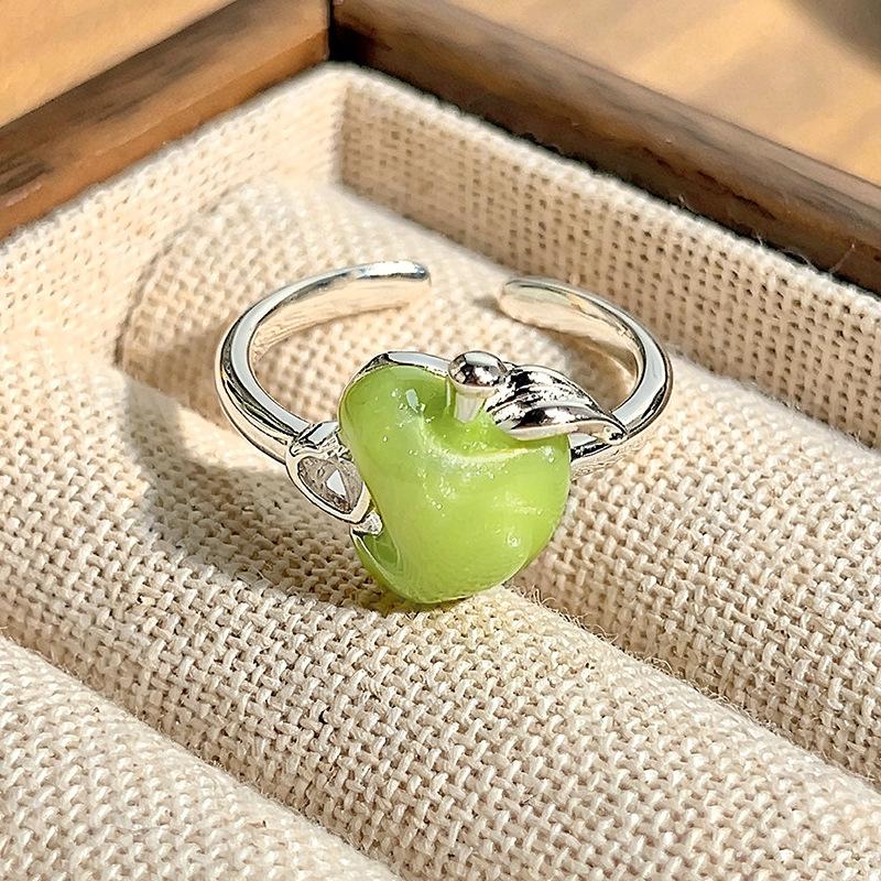 Niche High‑Sense Stack‑Wear Open Ring Subculture Sweet‑Cool Green Apple Enamel Zircon Personality Light‑Luxury Adjustable Fashion Jewelry