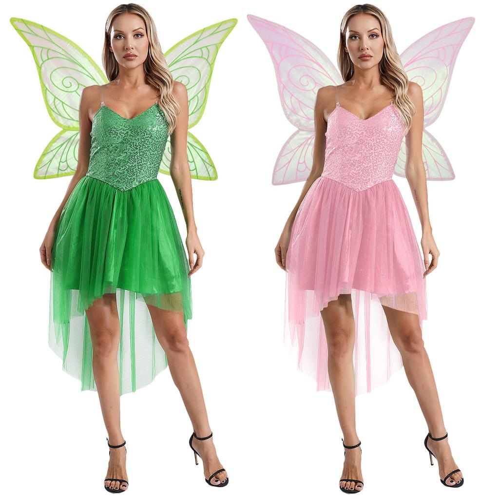 Womens Fairy Elf Costume Sequin V-Neck Dress Butterfly Wings Halloween Party Set