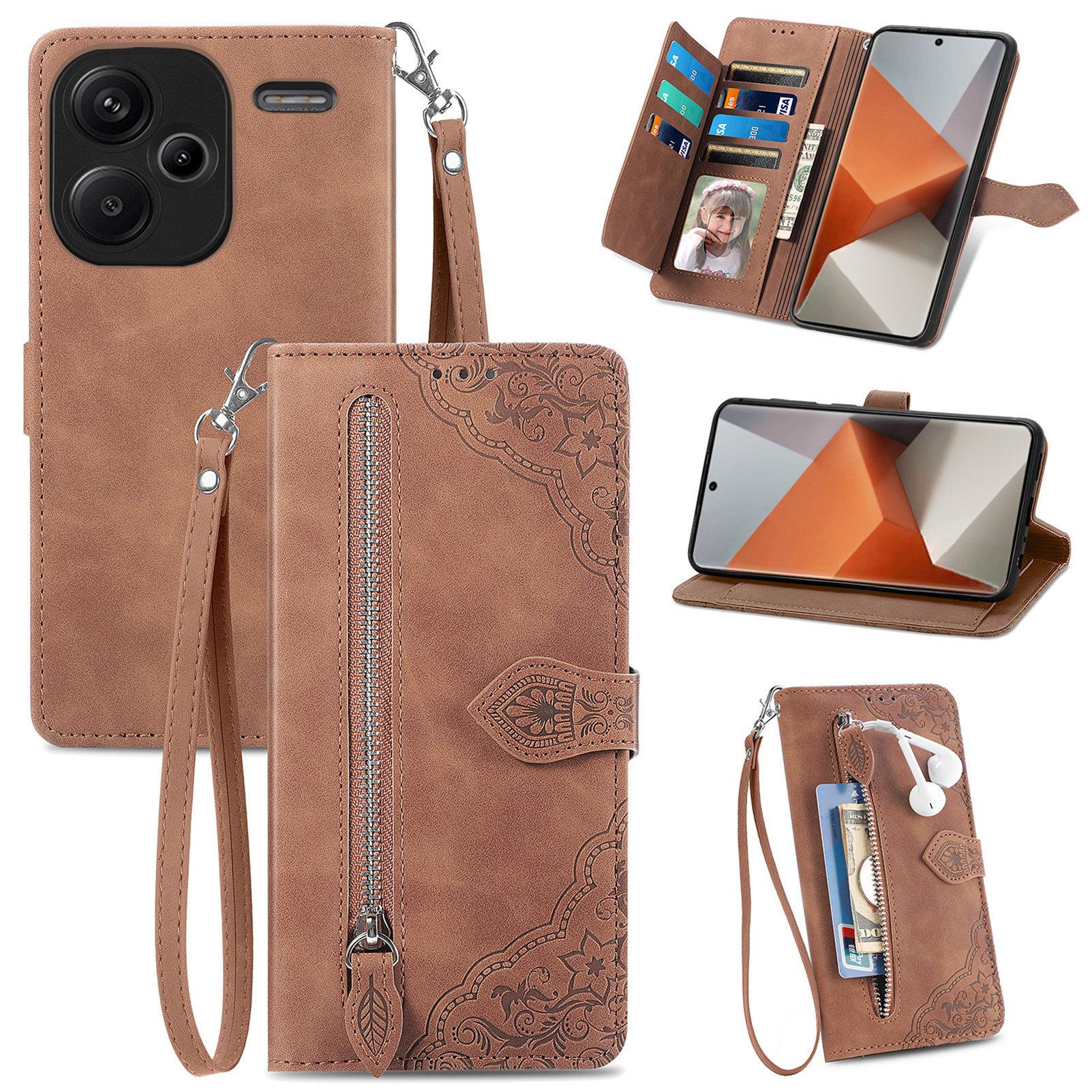 

For Xiaomi Redmi Note 13 Pro+ 5G Zipper Wallet Case with Strap Flower Imprint PU Leather Phone Cover Brown