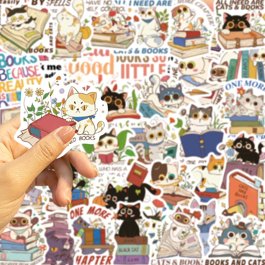 60 Hand-drawn Cartoon Cats and Books Doodle Stickers Decorate Guitar Notebook Suitcase DIY