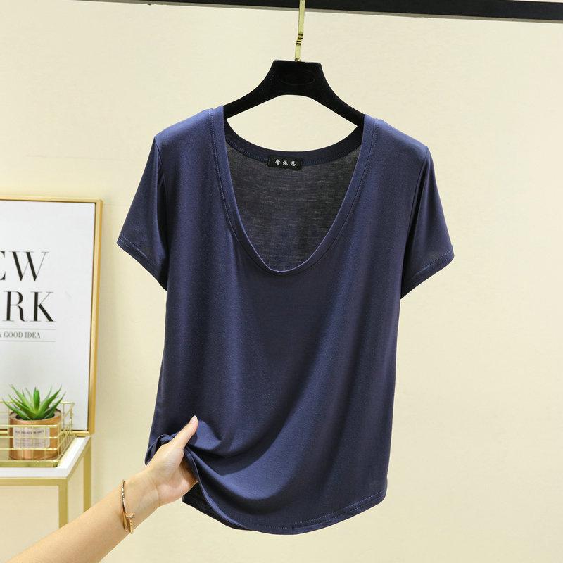 Dámský modální top s U výstřihem a polovičním rukávem - Jednobarevný, nadměrná velikost, letní tričko