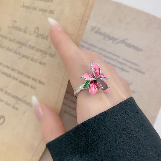 Women Flower Ring Faux Ruby Decor Smooth Polished Index Finger Ring Copper Cocktail Party Prom Commuting Finger Jewelry Holiday Gift
