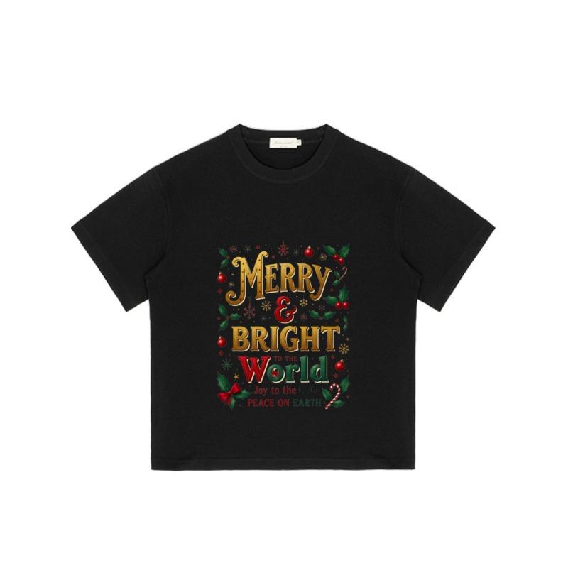 Merry and Bright World Christmas T-Shirt Black Holiday Text and Floral Design for Christmas Celebration